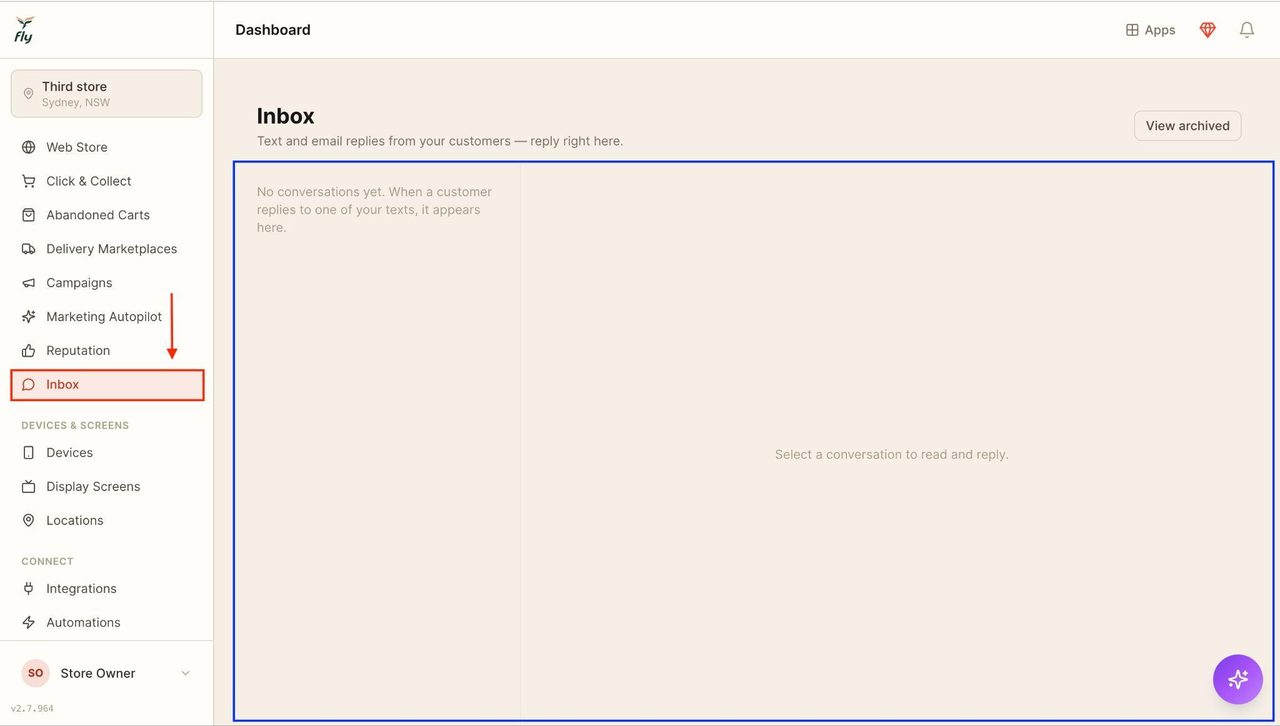 In the inbox, customer texts and emails will appear in the designated space.