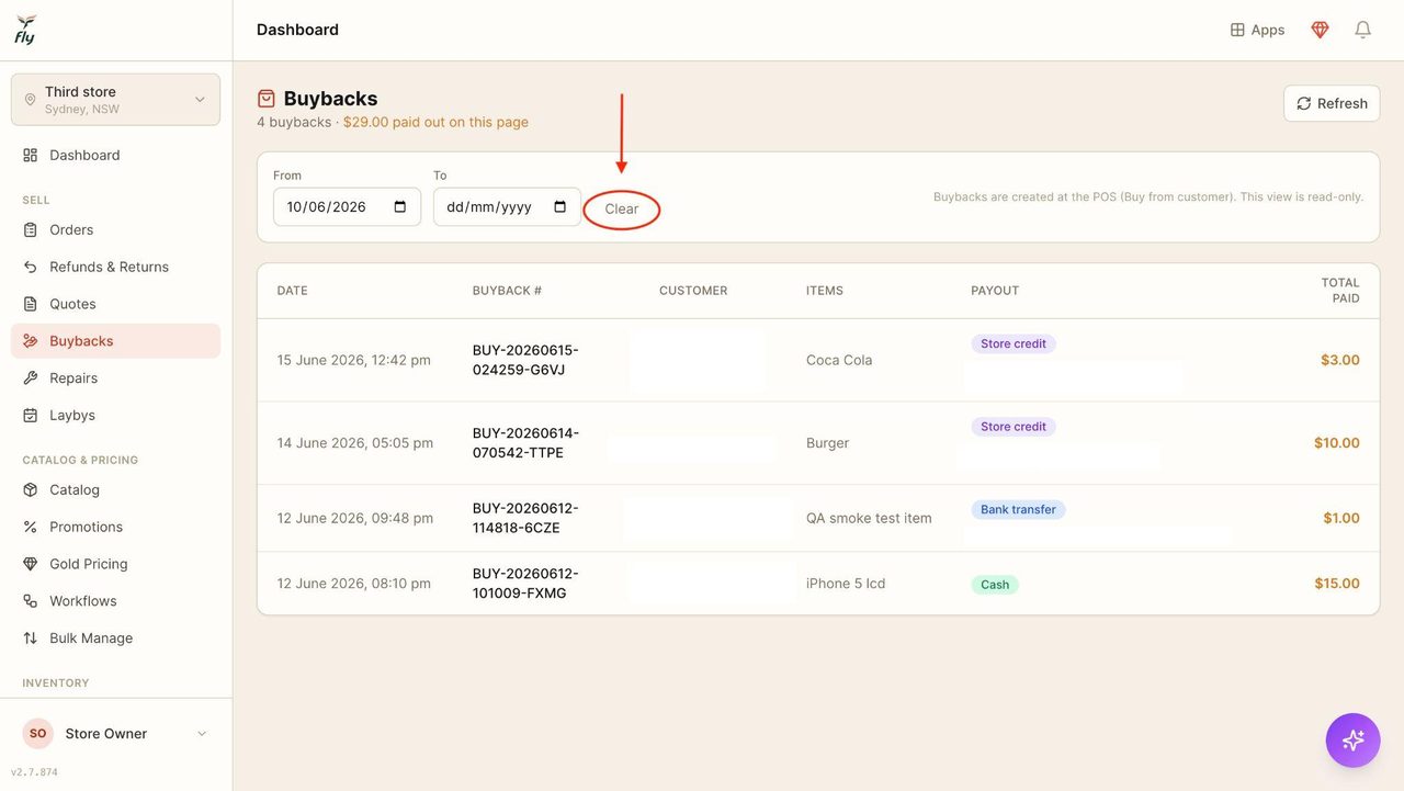 3. Press on ‘Clear’ to clear the dates of the search.