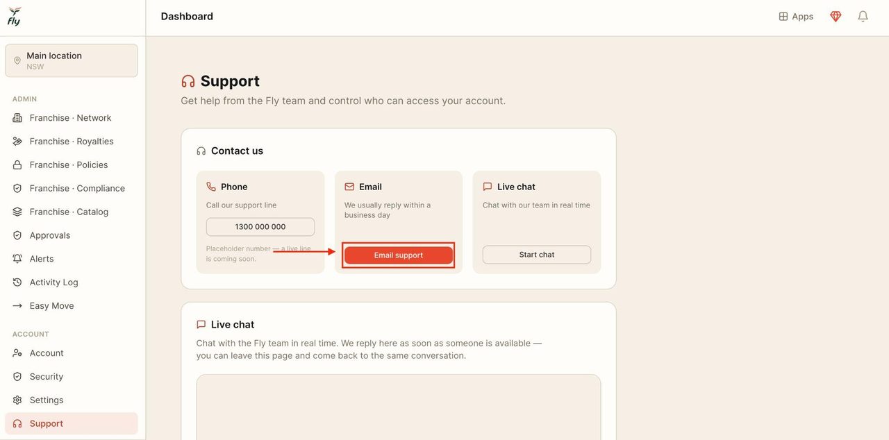 Press this button to email the support team for any enquiries.