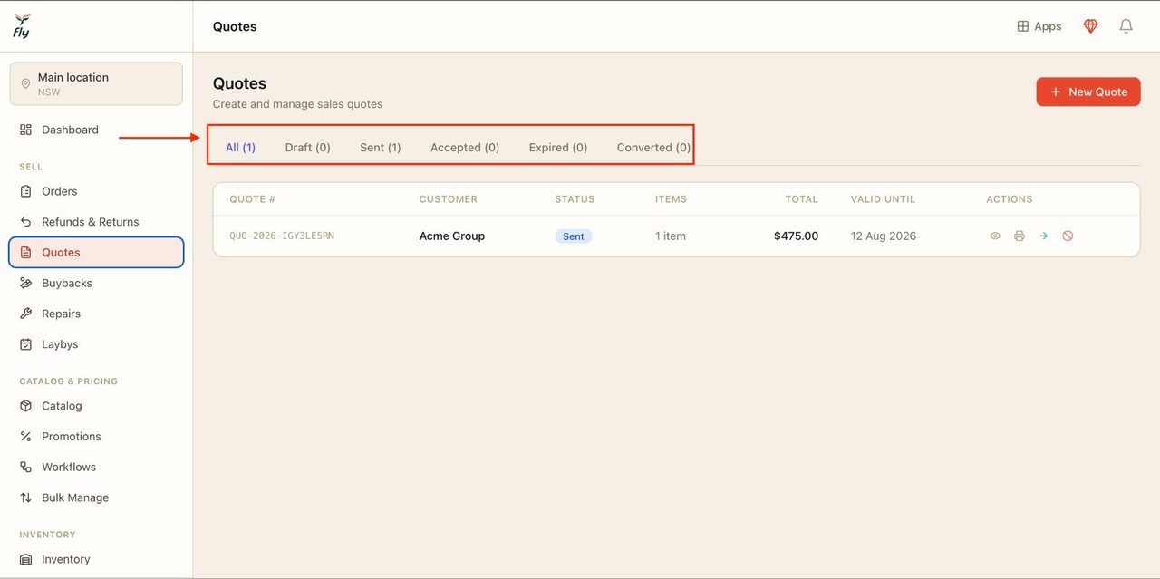 Past quotes can be viewed and filtered through the top bar (outlined in red).