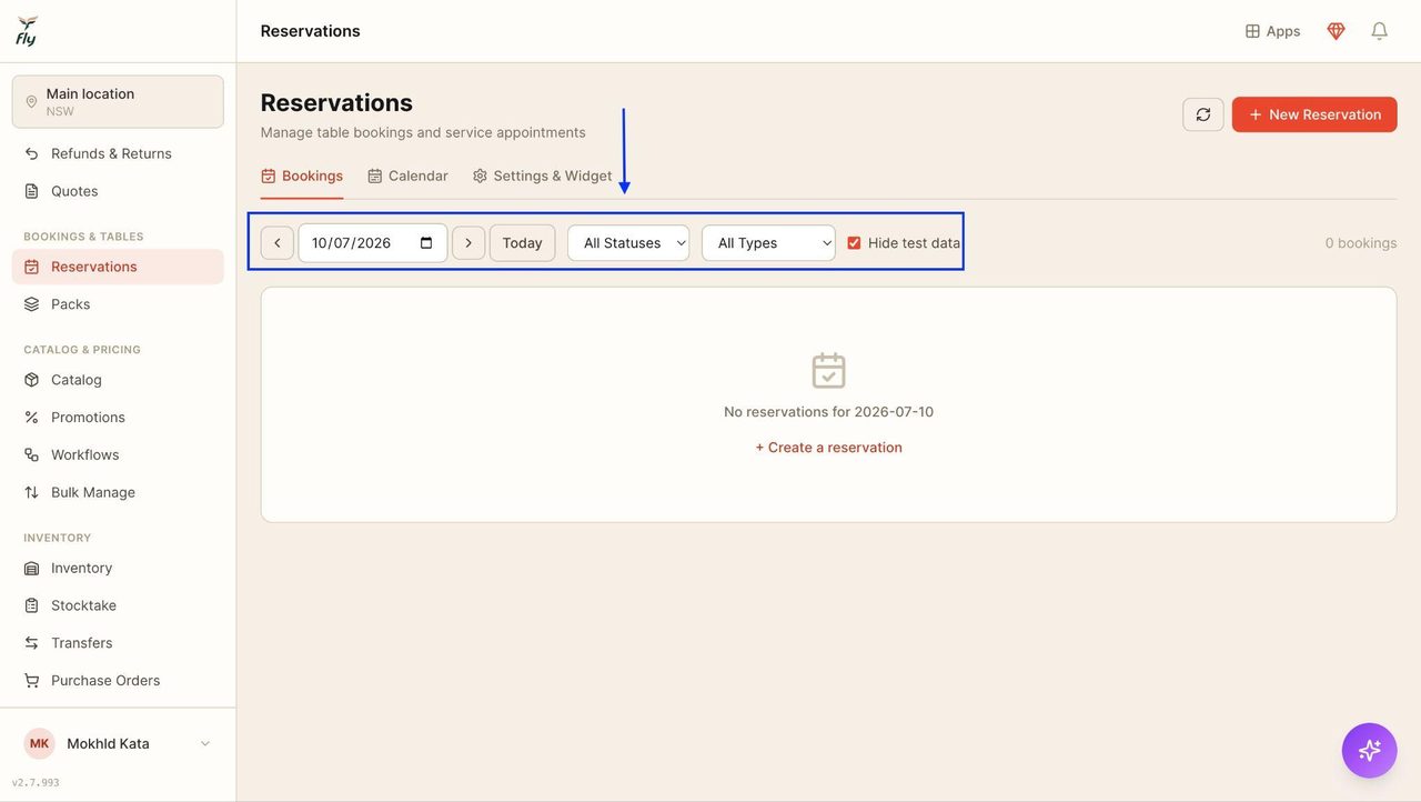 Reservations can be viewed and filtered using the top bar (outlined in blue)