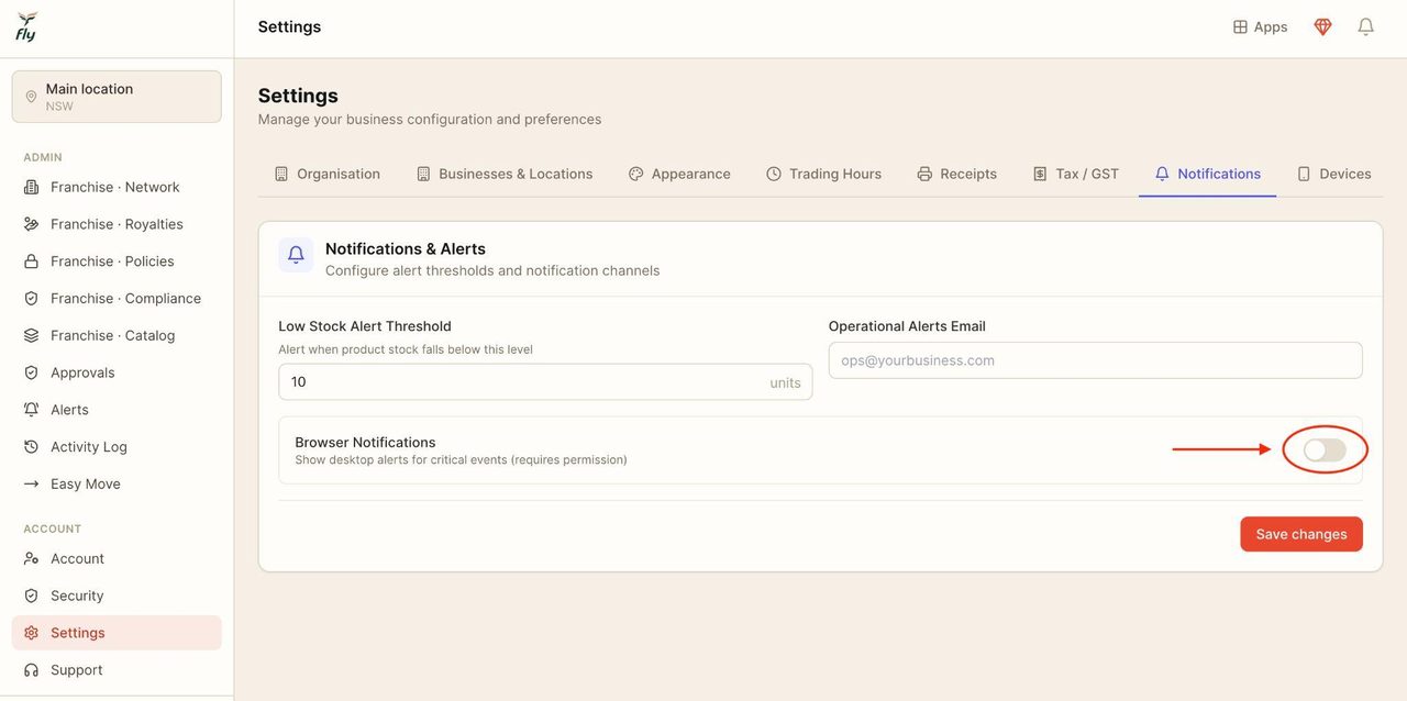 Toggle on this button for notifications that appear on the browser: