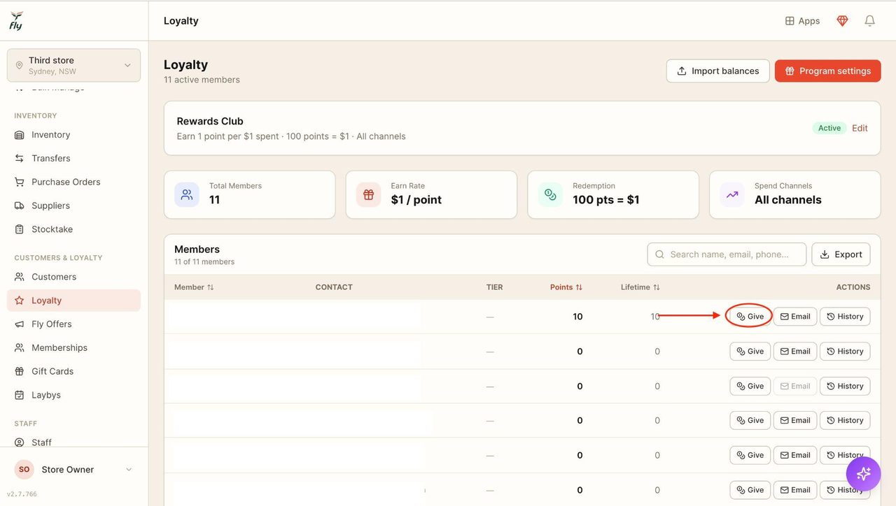 To allocate a customer more points, click on ‘Give’