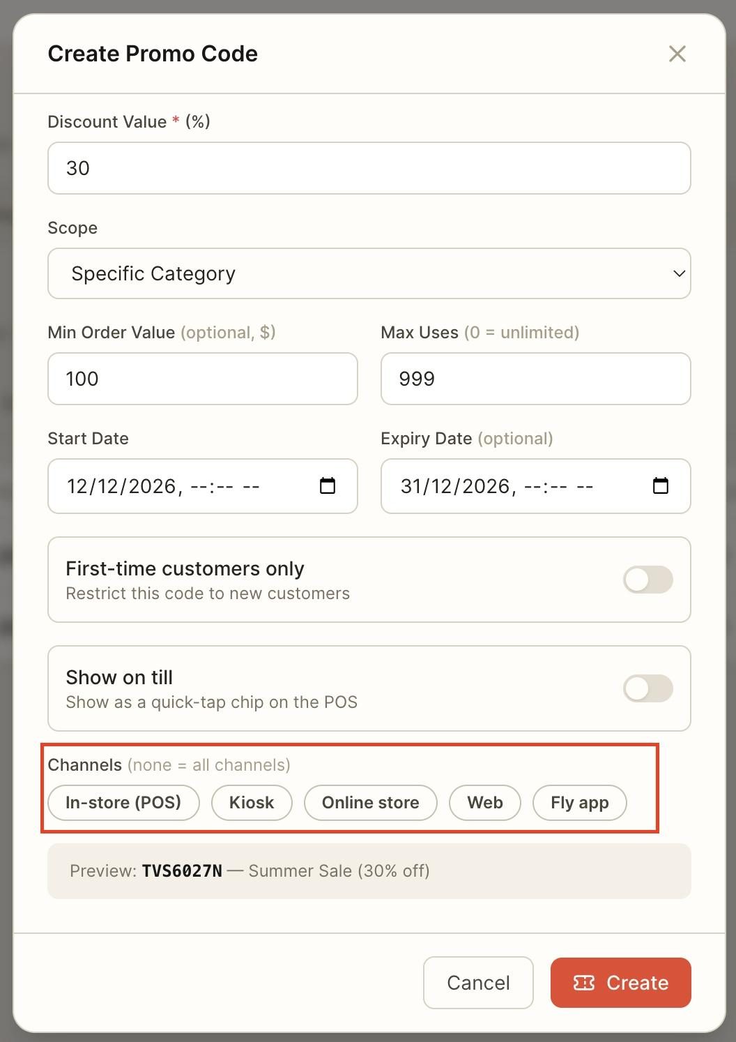 Choose the channels in which the promo code will be available.