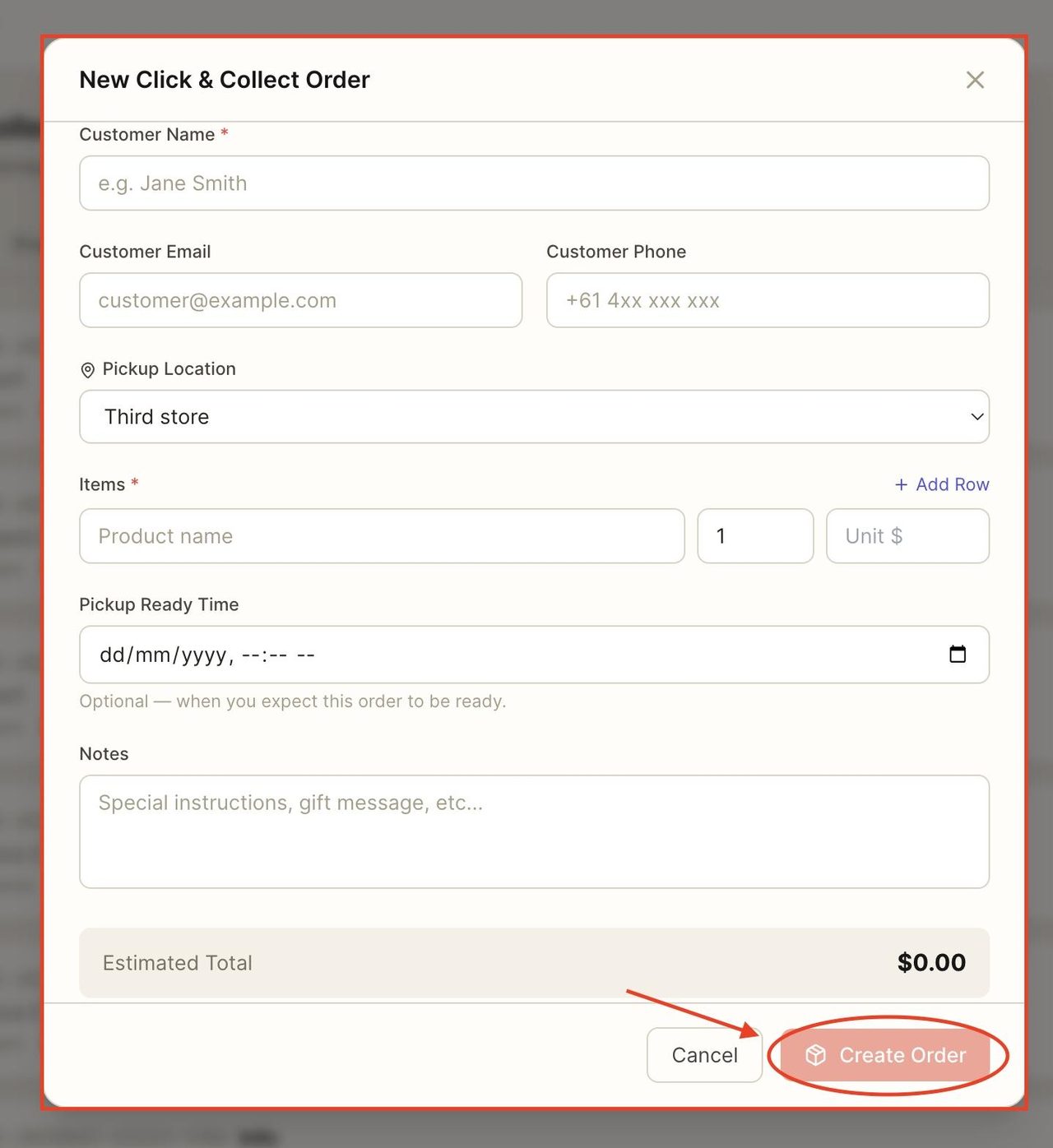 Press ‘create order’.