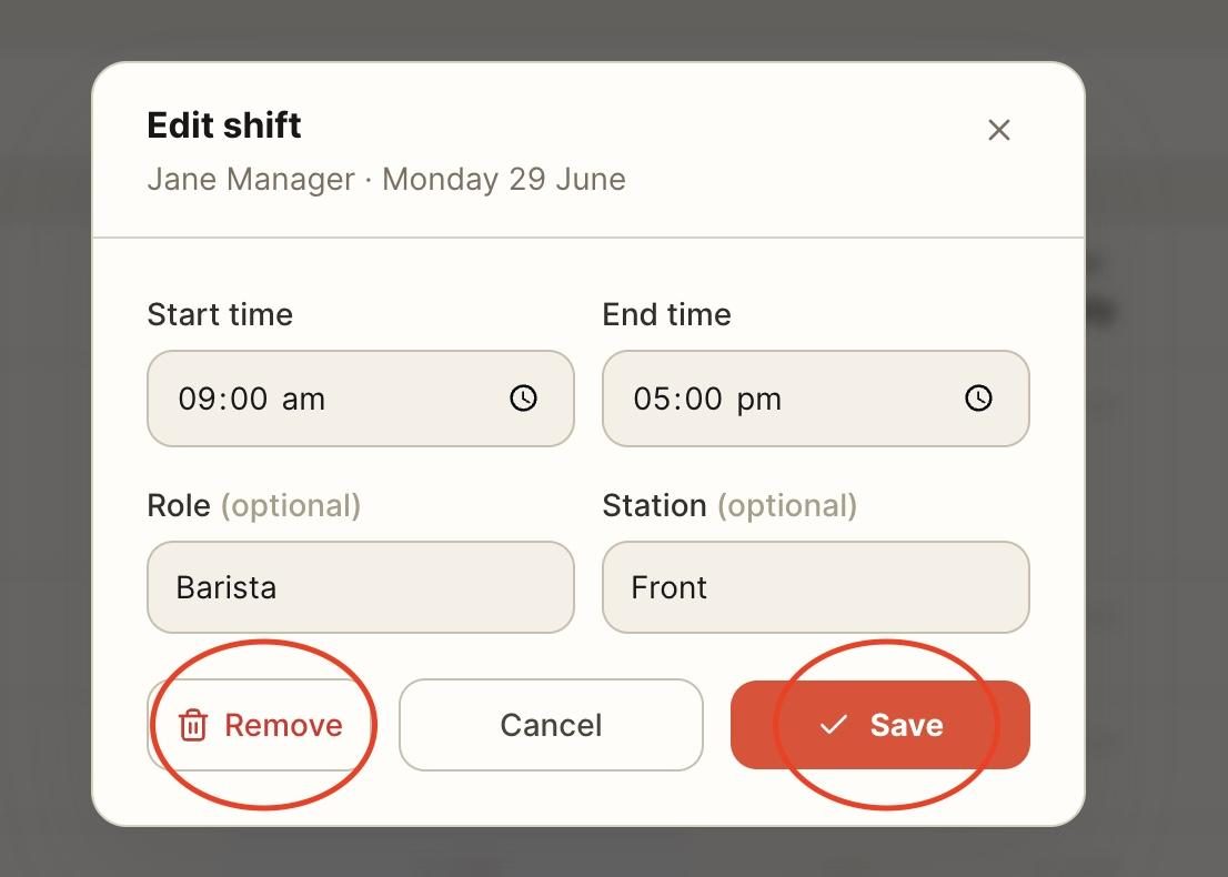 Changes can then be made, and the shift can either be removed or saved.