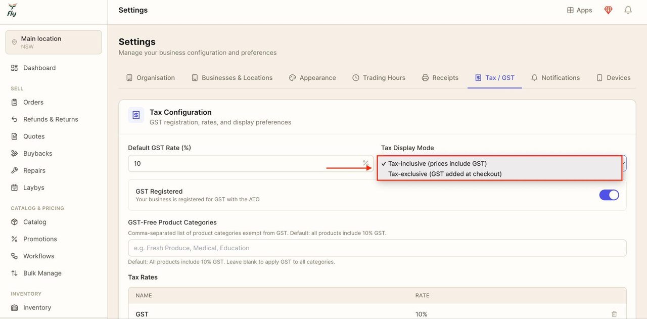 Choose the tax display mode from the drop-down menu.