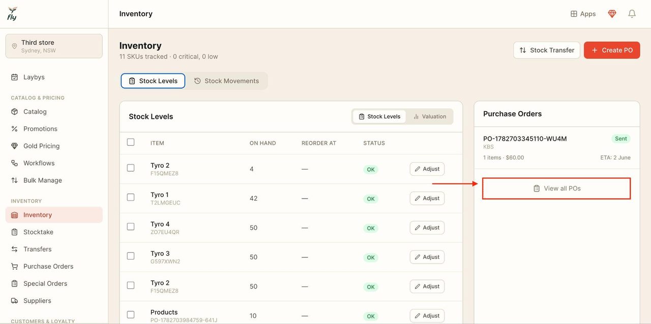 Press on ‘View POs’ to be taken to the purchase orders tab.