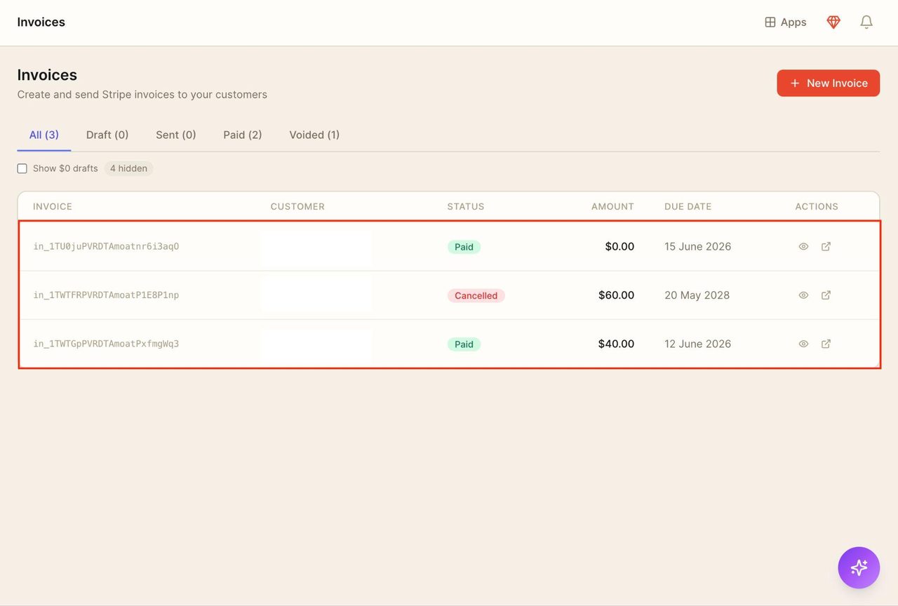 All the past invoices can be viewed.