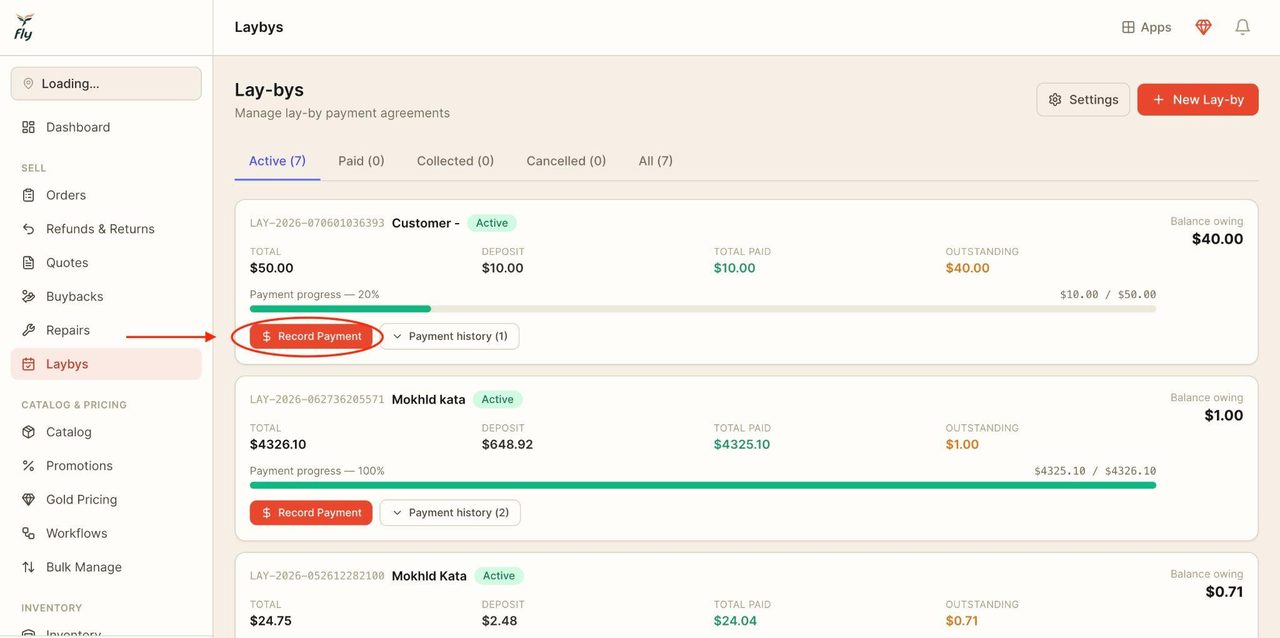 To enter a payment, locate the desired purchase and click on ‘Record payment’