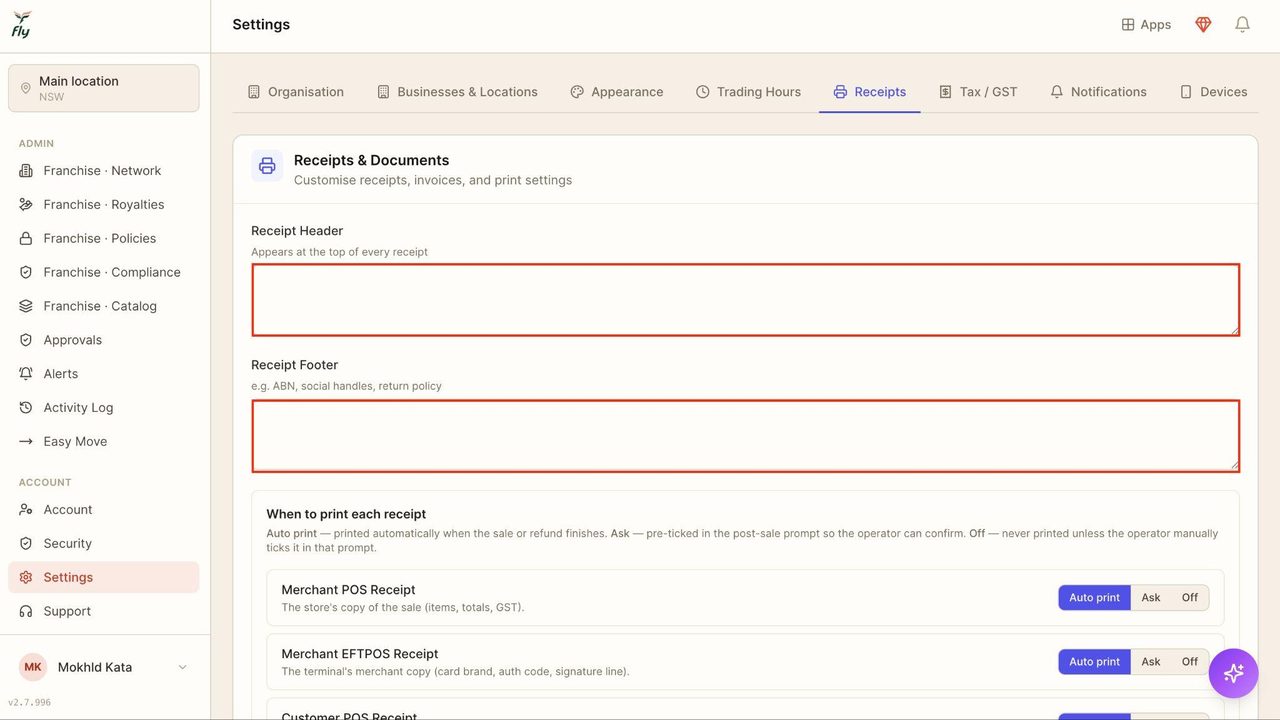 Enter a receipt header and a receipt footer.