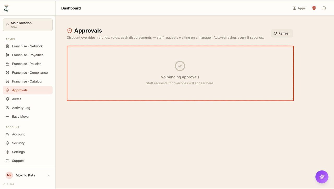 Discount overrides, refunds, voids, cash disbursements and staff requests will appear in the box below.
