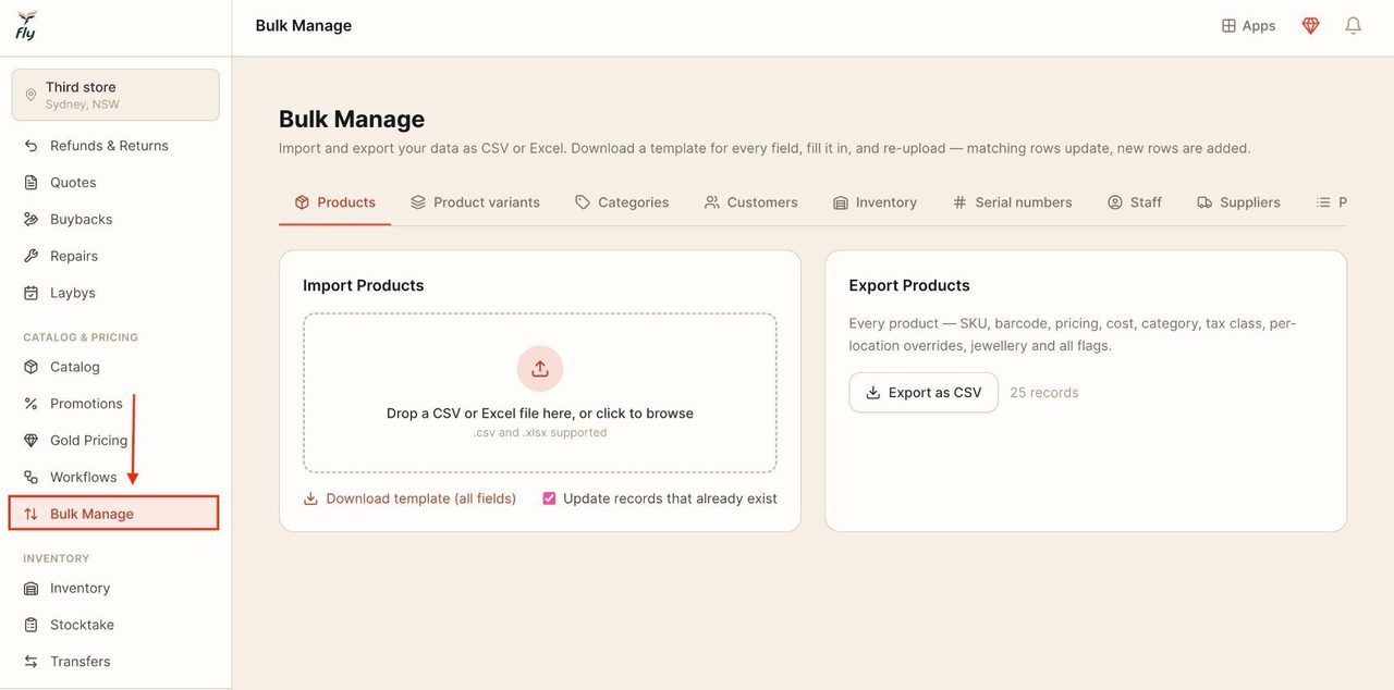 Locate Bulk Manage in the sidebar under ‘Catalog & Pricing’.