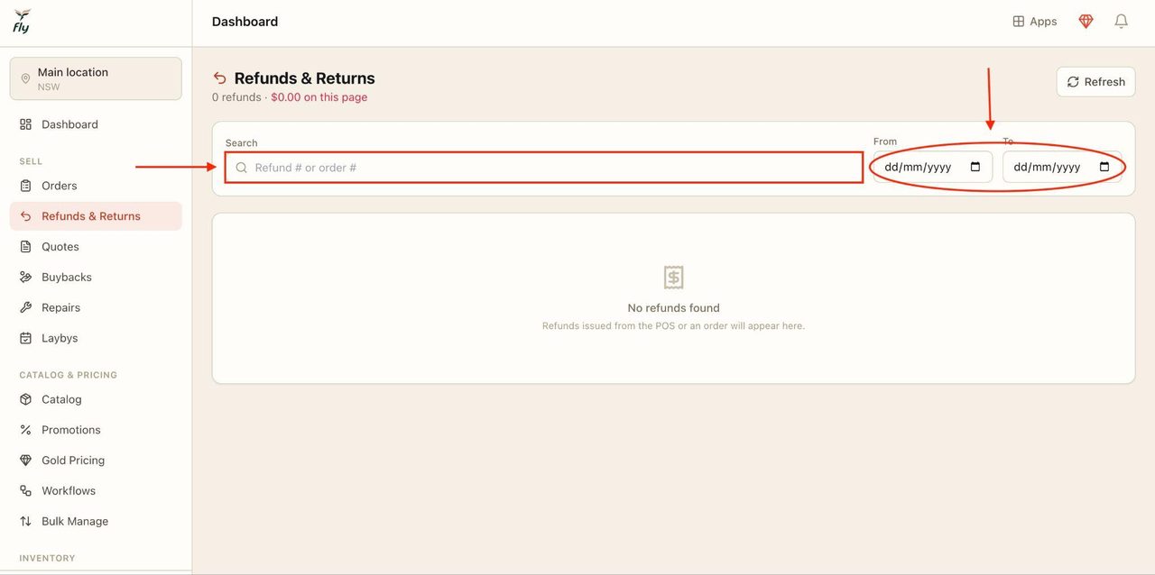 The top bar with the search menu (outlined in red) and dates (circled in red) can be used to filter and find the orders.