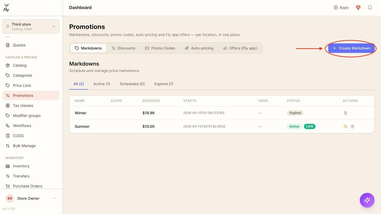 To add a new promotion, press on ‘create markdown’ in the top right corner.