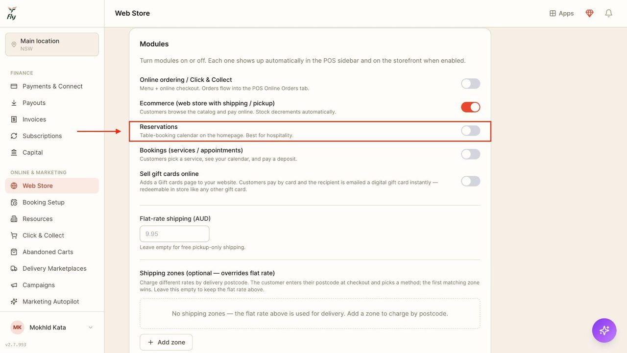 Toggle on ‘Reservations’.