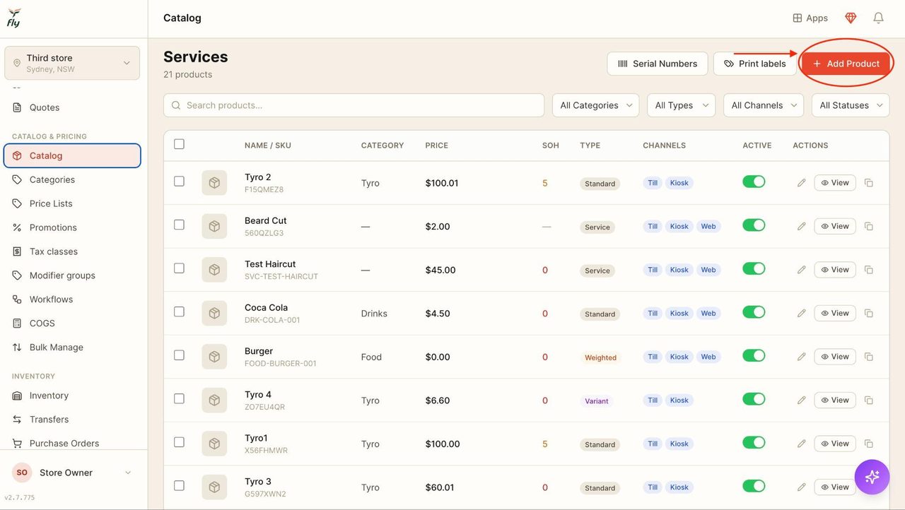 Locate and press the ‘add product’ button in the top right corner.