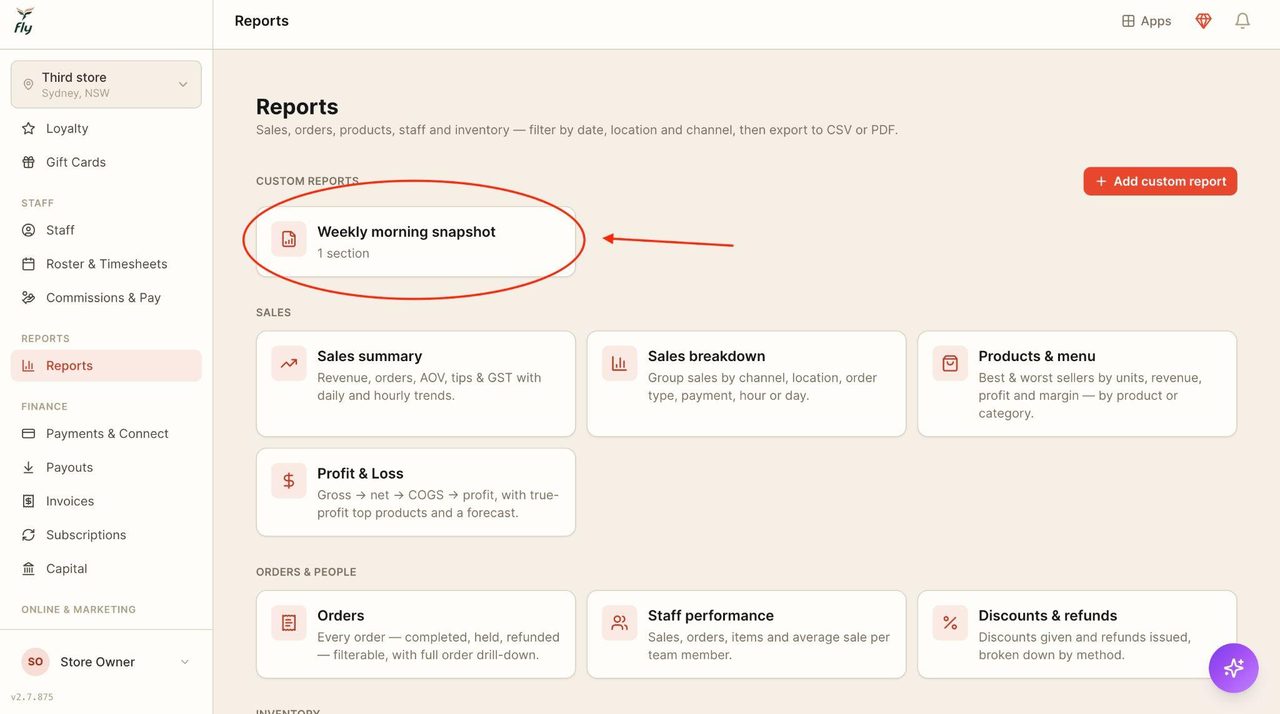 Custom reports will then appear on top and can be accessed by clicking on them.