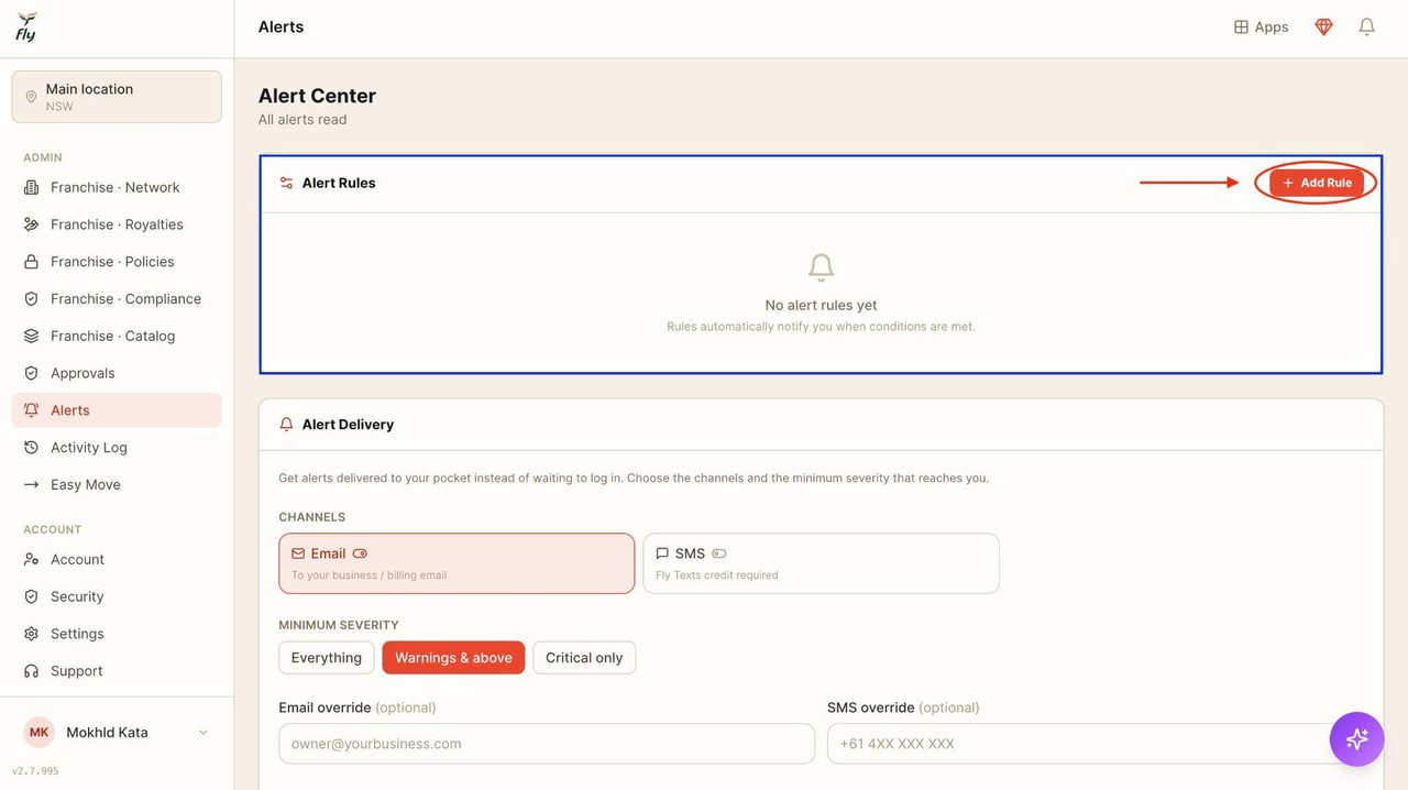To create new alert rules, press the button in the top-right corner.