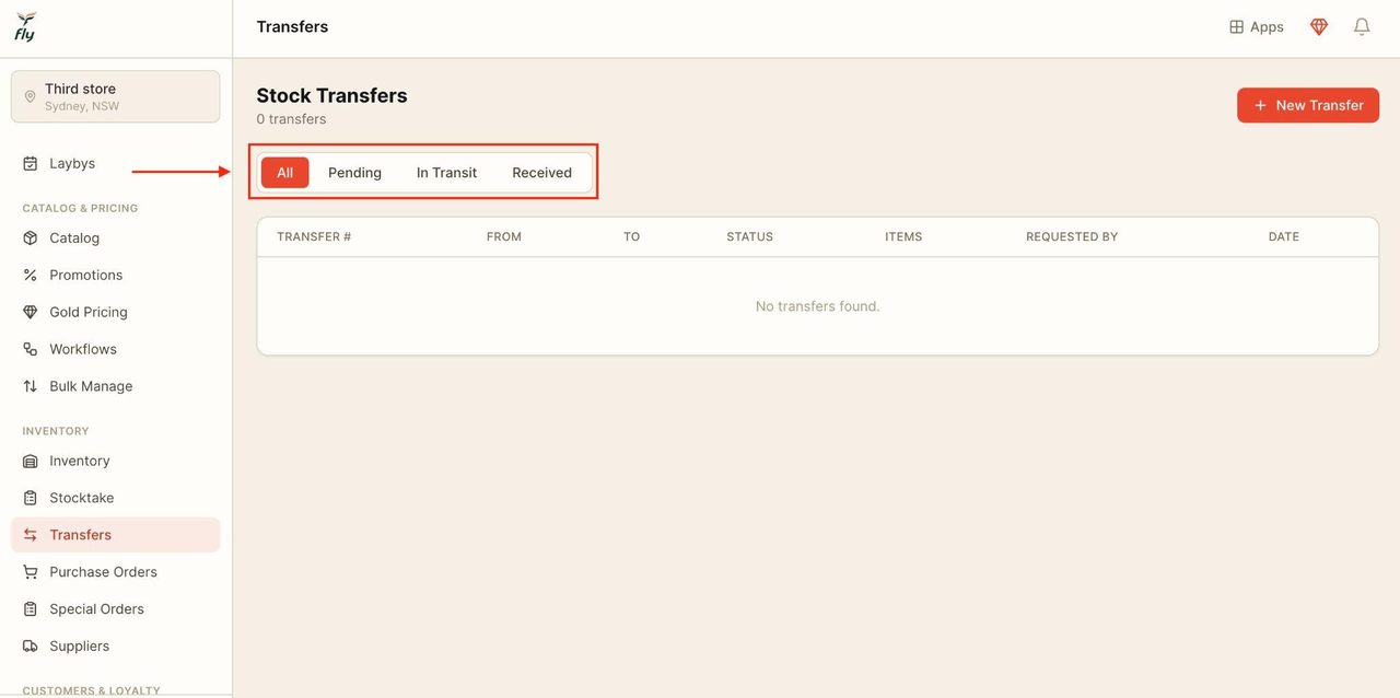 Use the top bar to filter through the tabs for transfers.