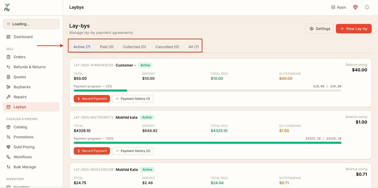 In the top bar, you can view the active, paid, collected, and cancelled Laybys.