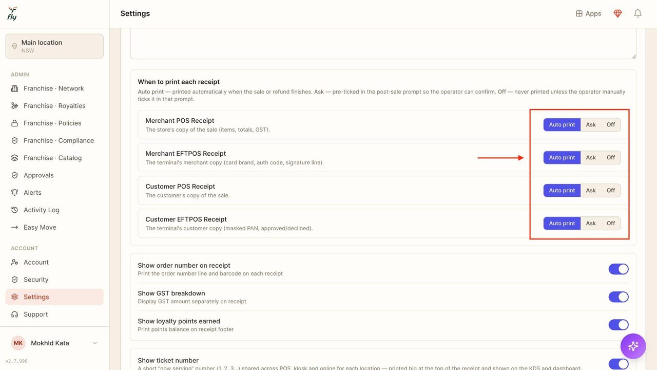 Change the settings according to when you want each receipt to print.