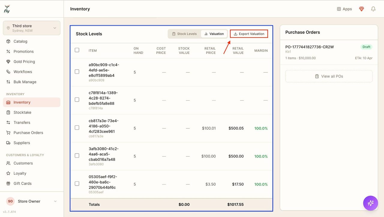 Optionally, click on ‘export valuation’ (outlined in red).