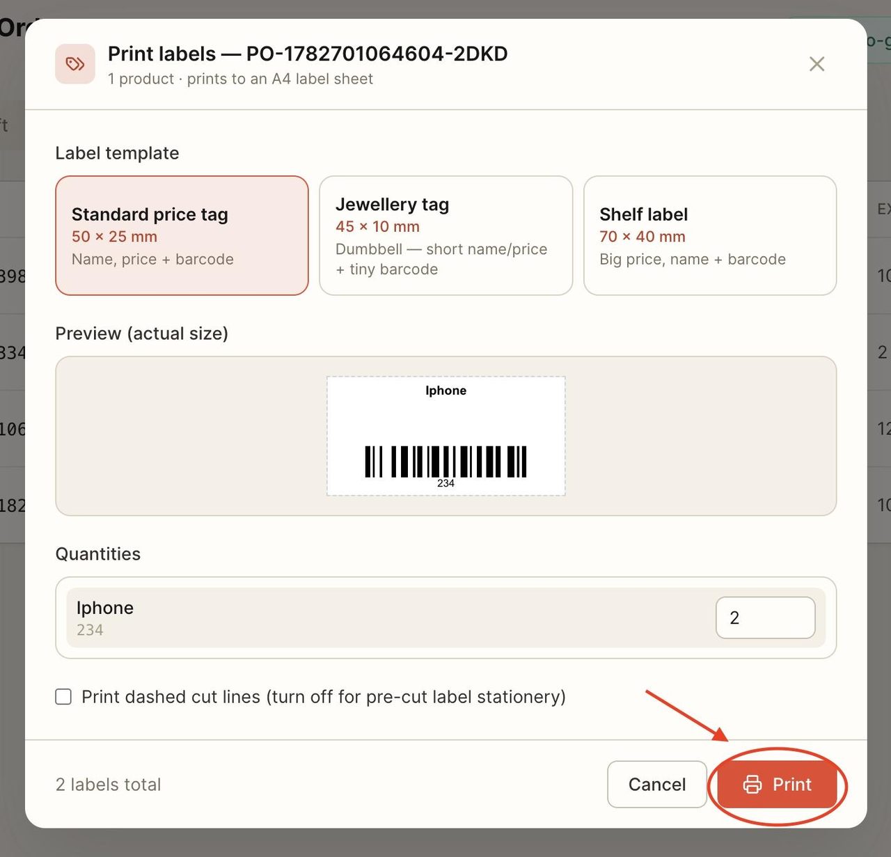 Pick the size and quantity, then press ‘print’.