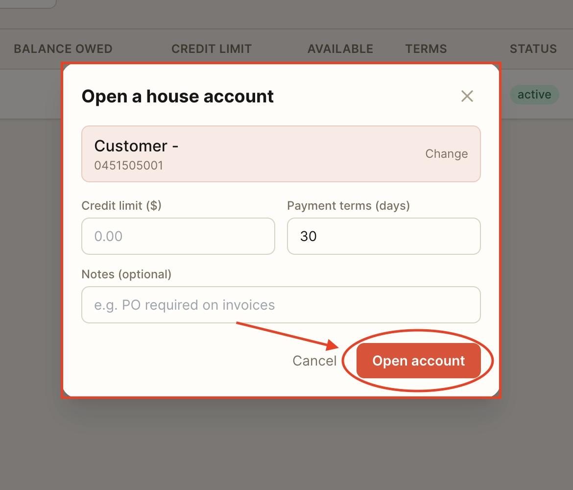 Select the desired customer, fill out the required fields, then press ‘Open Account ’.
