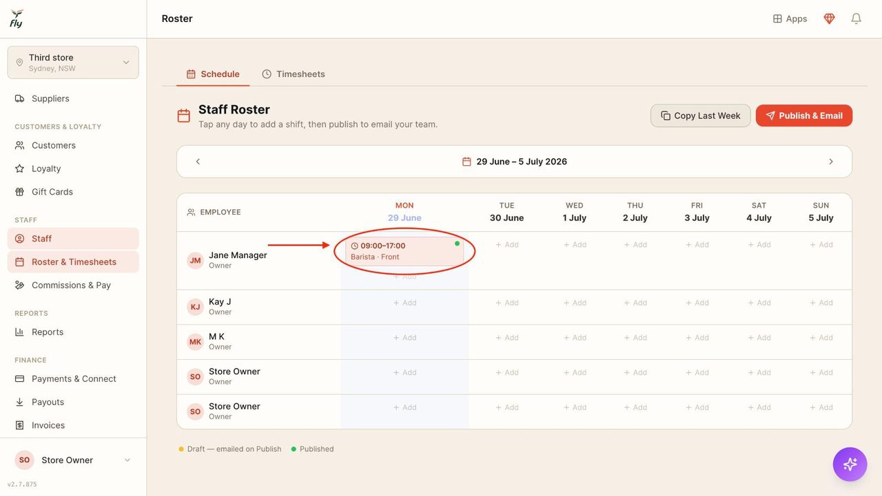 To edit an existing shift, locate it on the schedule and click on it.