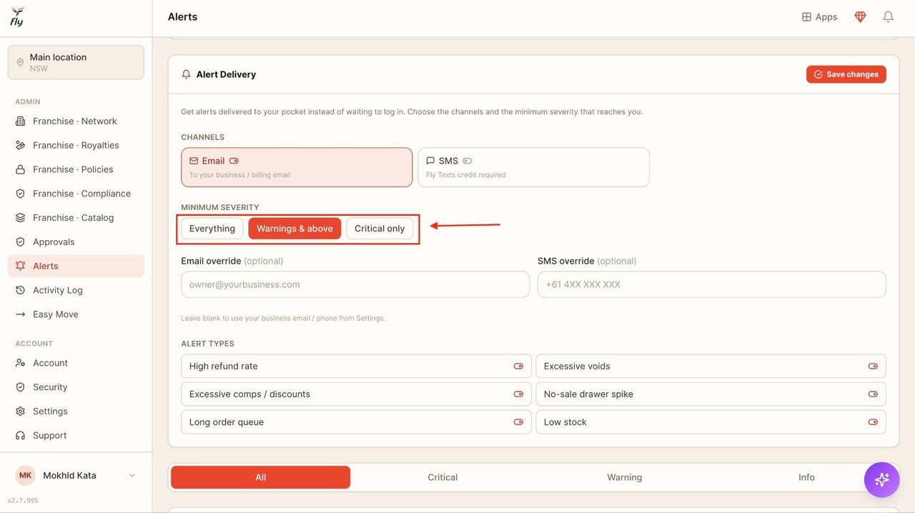 Select the minimum severity for alerts.