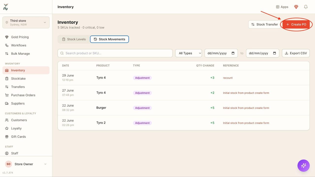 Create a purchase order by clicking on ‘create PO’
