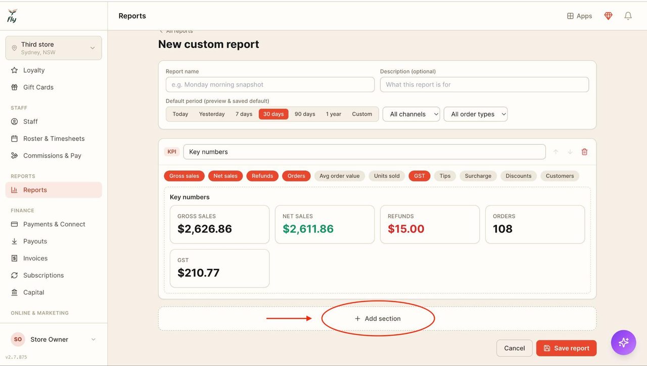 Click on ‘Add section’ to add another section to the report.