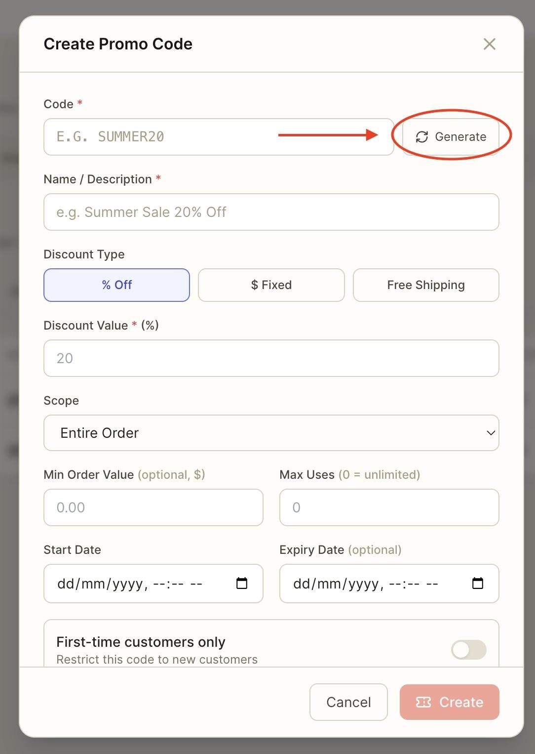 Use the generate button to automatically create a code.