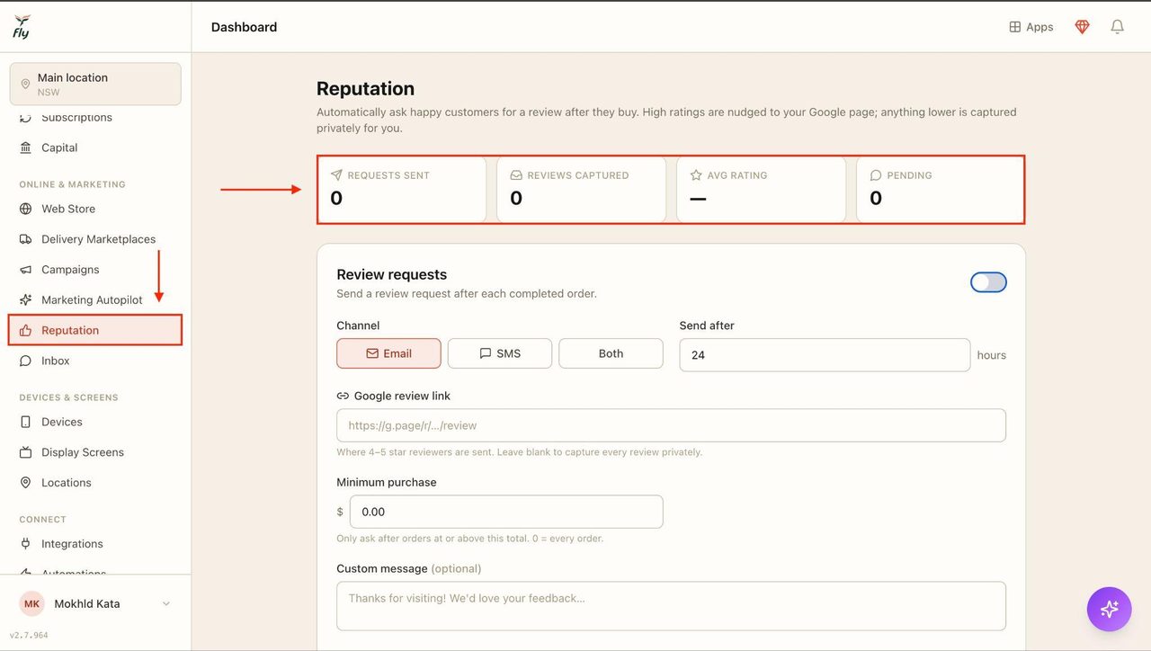 Locate ‘Reputation’ in the sidebar under Online & Marketing’.