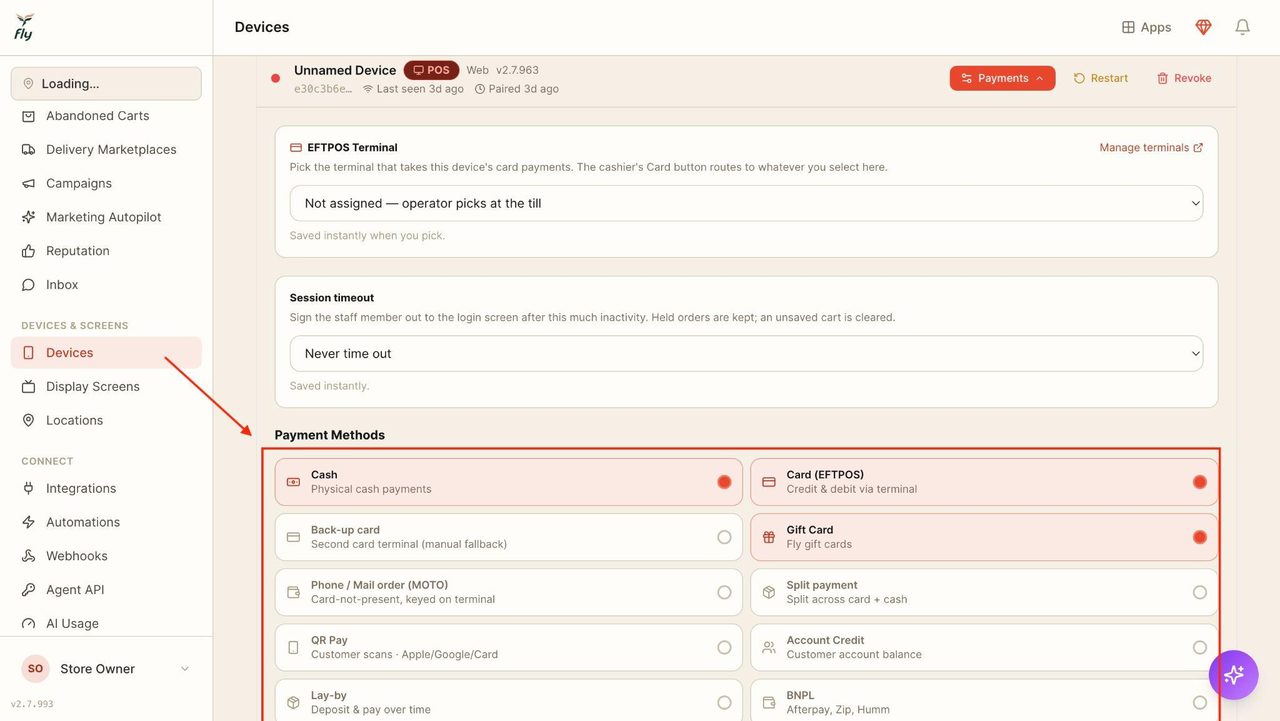 Start by ticking all the payment methods that apply to the selected device.
