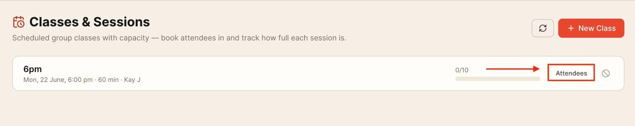 Once a class is created, press on attendees to record attendance.