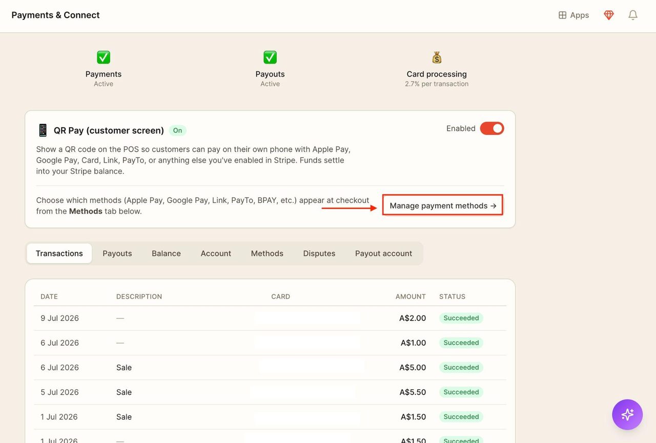 To switch to the payment methods tab, click on the button below.