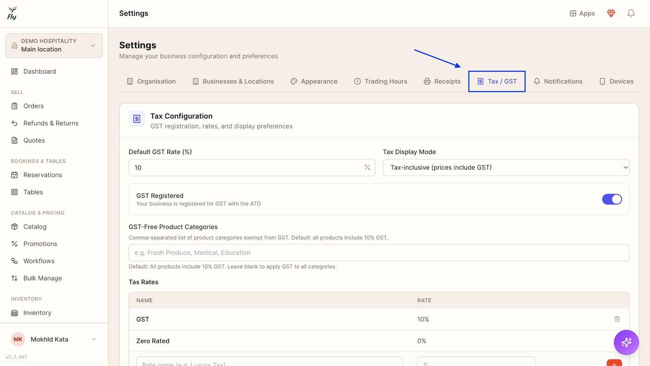 Locate tax/ GST in the top bar.