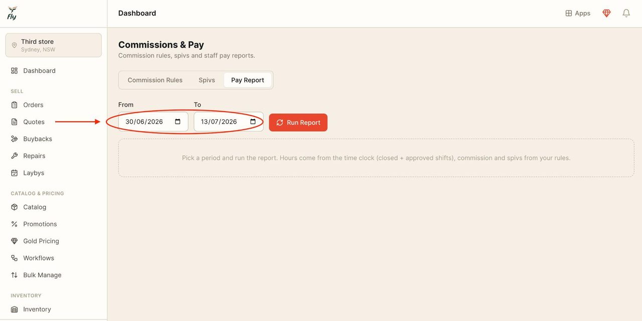 Enter the desired time period for the pay report.