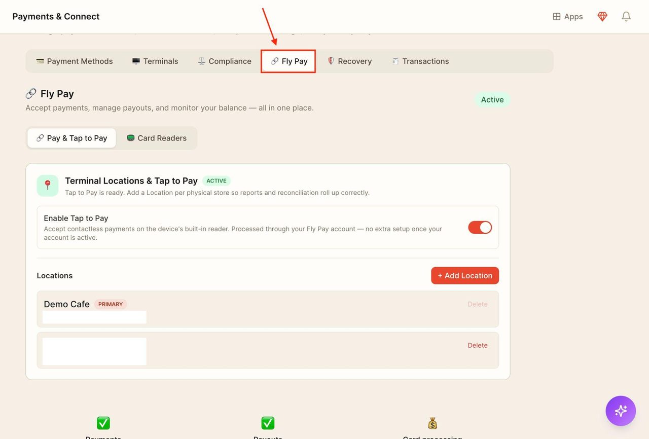 Locate ‘Fly Pay’ in the top bar.