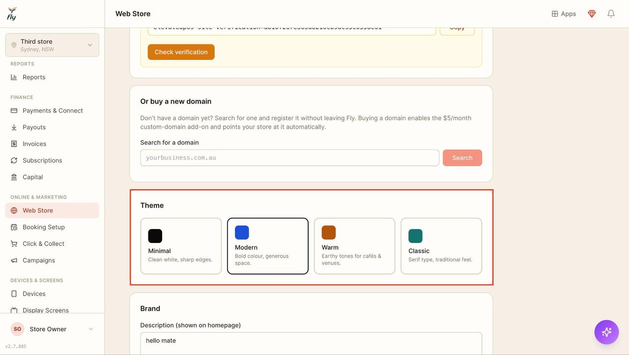 Change the theme for the website by selecting one of the four options.