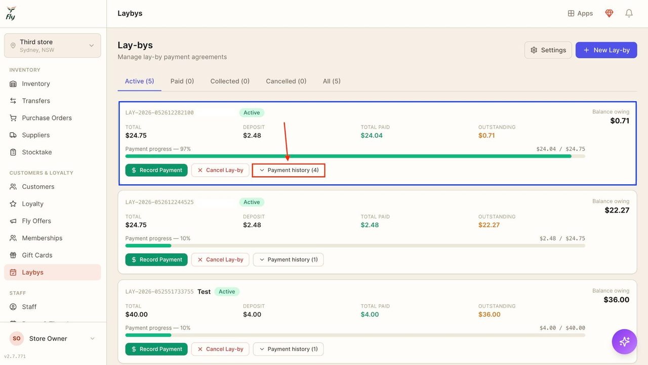 Clicking on payment history will show a summary of past payments.