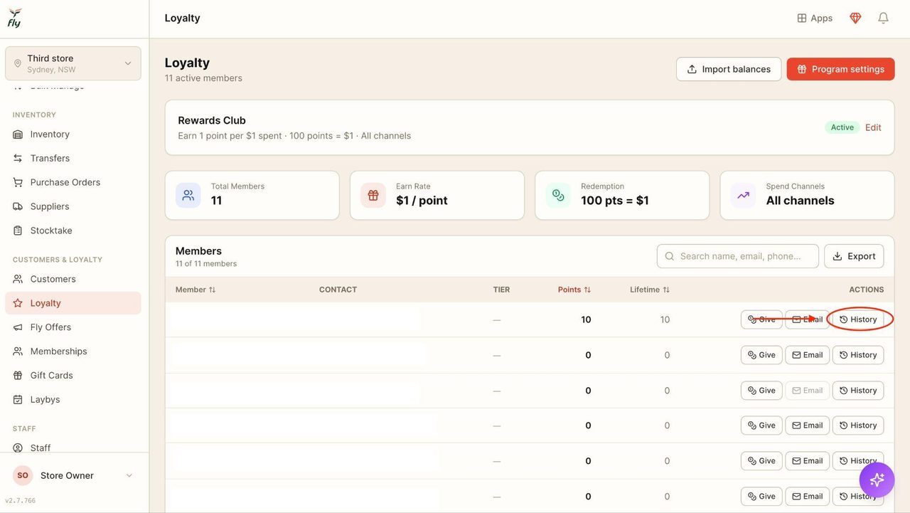 To view the customer’s past points, press on ‘History’