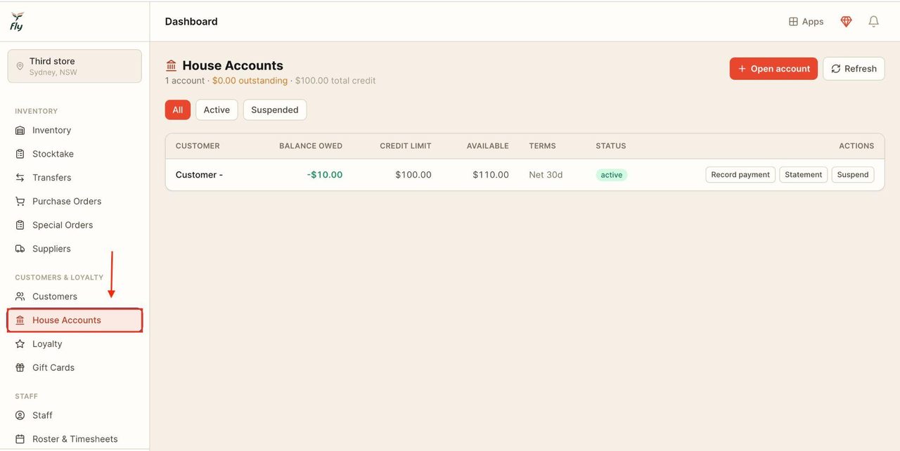 Locate ‘House accounts’ under ‘Customers & Loyalty’ in the sidebar.