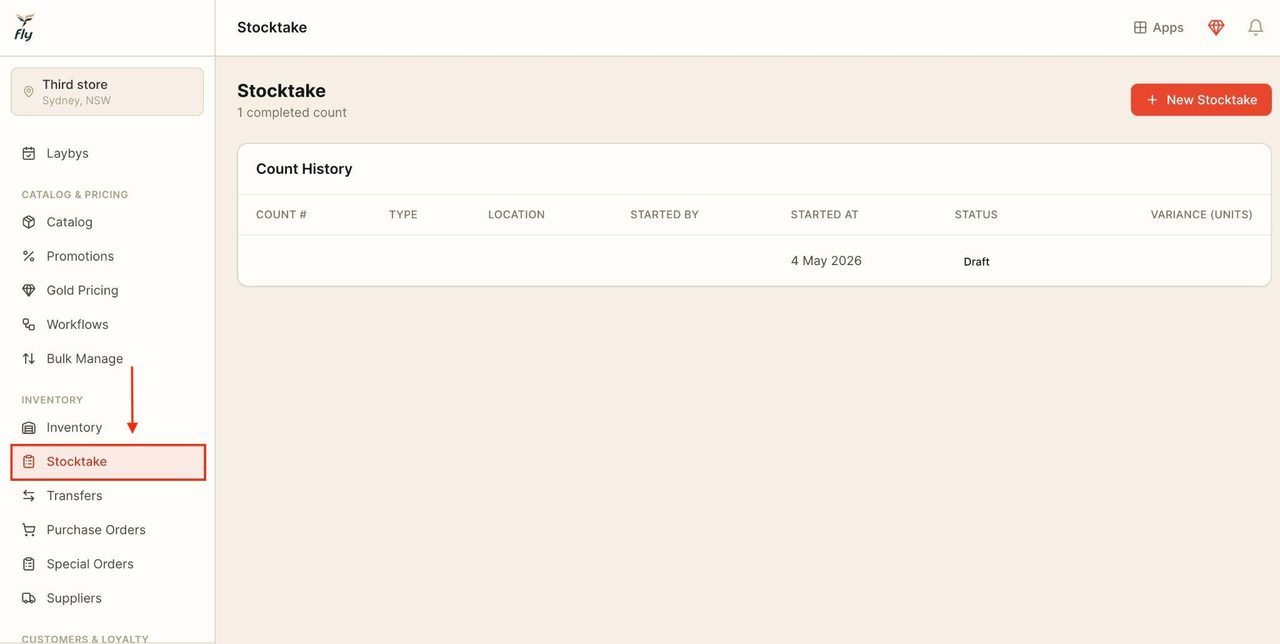 Locate ‘stocktake’ in the sidebar under ‘inventory’