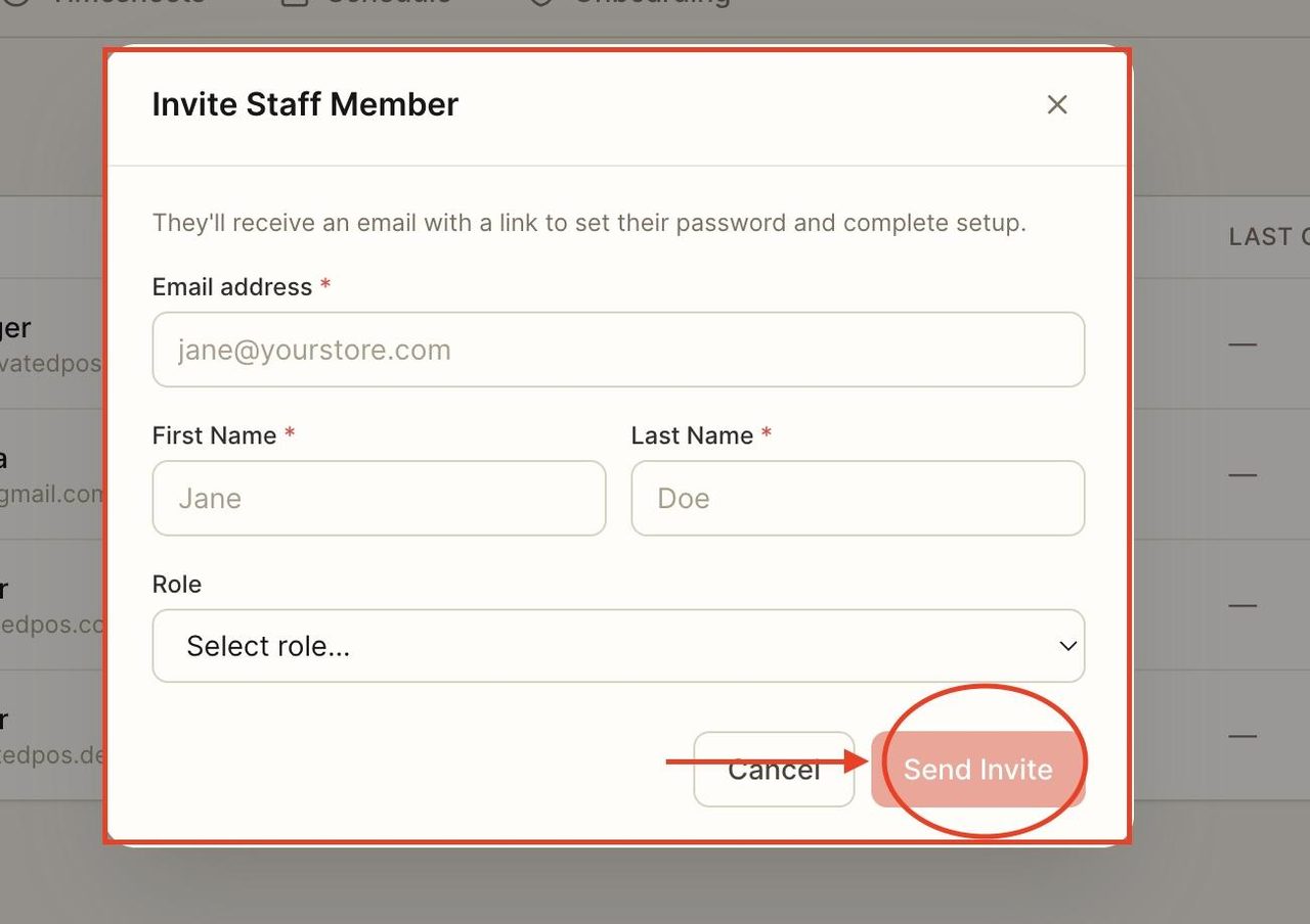 Fill in the details, then send the invite to the staff member.