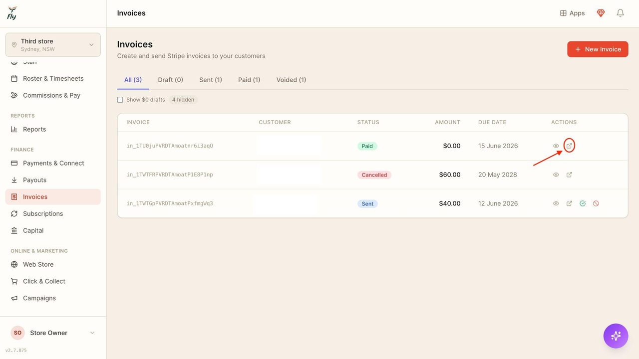 Pressing on the arrow icon will show the invoice in the Stripe account.