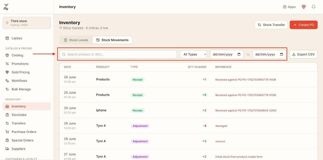 Use the search bar, drop-down menus, and date filters to find the desired stock adjustments.