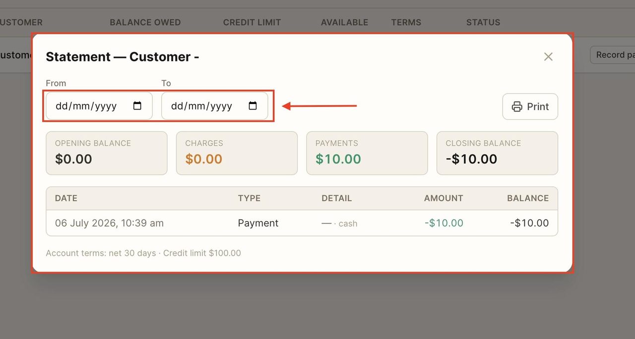 Use the top two fields to select the timeframe for the statement.